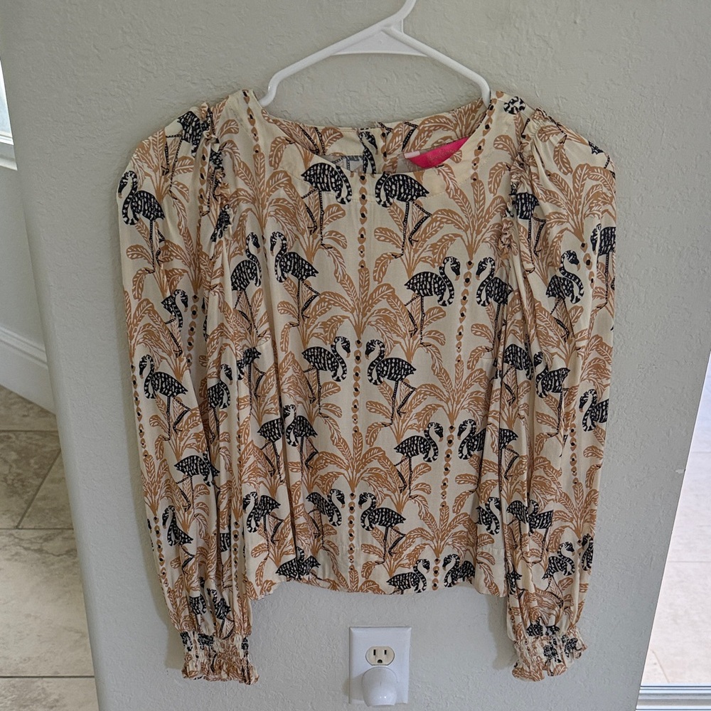 Lilly Pulitzer Cream Long-Sleeve Printed Crop Top with Black and Brown Motif